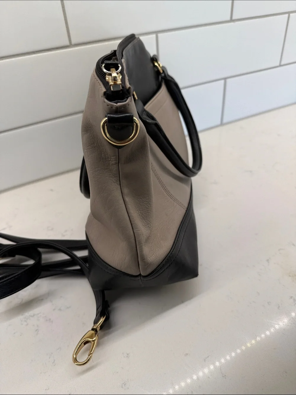 Tignanello Two-Tone Black & Taupe Leather Satchel removable crossbody strap